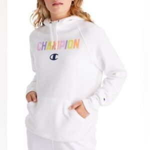 🐺 Champion Colorful Lettering White Fleece Pullover Hoodie Sweatshirt